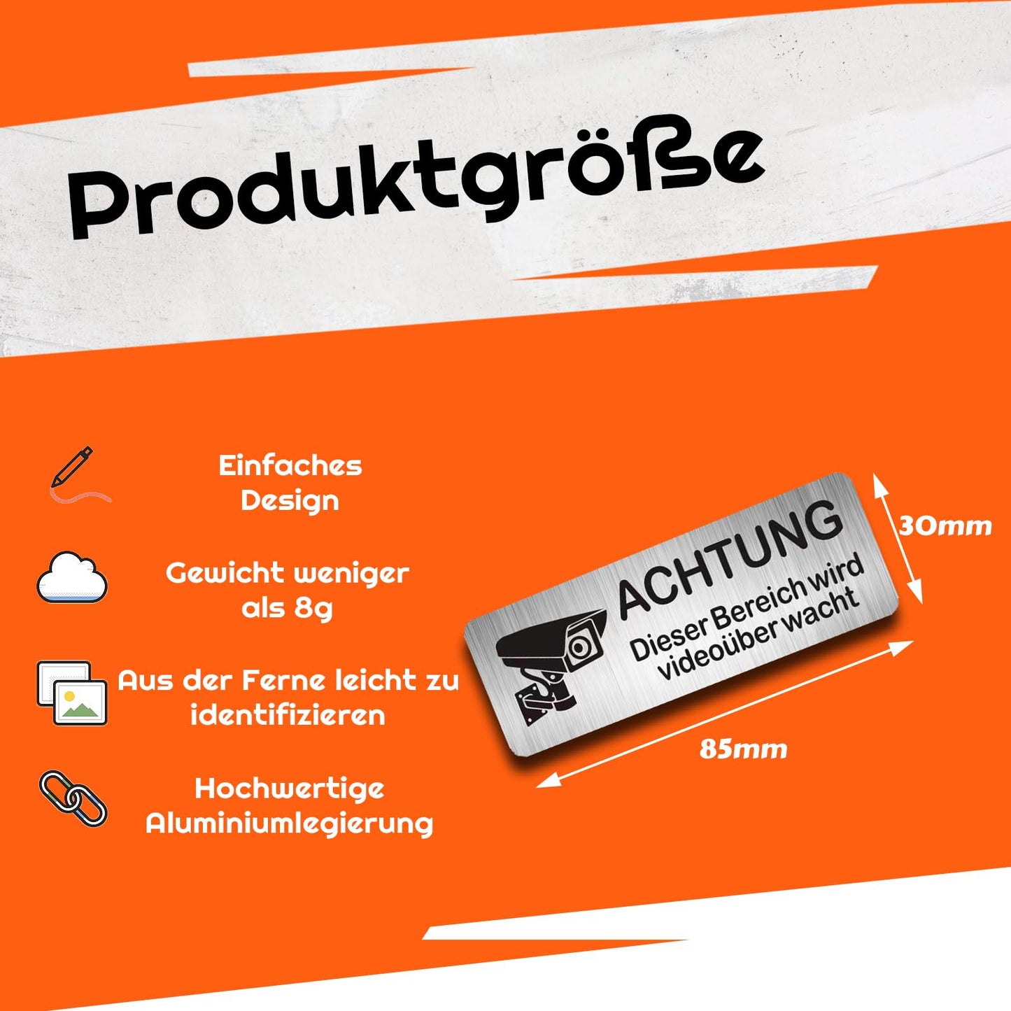 AIFIZO Schild Videoüberwachung 2 Stück 85mm×30mm mit 3M Tape, Gebürsteter Aluminium Achtung Videoüberwachung Schild, Achtung Privatgrundstück, Selbstklebend & Aluminium, Videoüberwachung Schild