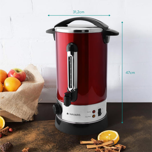 Navaris Elektrischer Glühweinkocher, Rot, 10L Edelstahl Heißwasserspender mit Thermostat, Füllstandsanzeige und Zapfhahn für Punsch und Tee