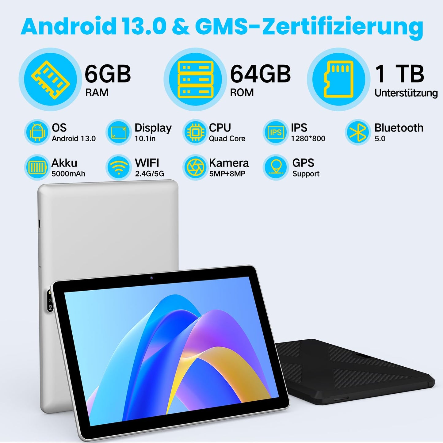 Winsing Tablet 10 Zoll,Tablet Android 13 mit Etui,Tablet 6GB RAM+64GB ROM+1TB Erweiterbar,WidevineL1 2.0GHz Tablet PC, 5MP+8MP Kamera,1280 * 800 IPS Tablette Unterstützt WiFi, BT 5.0,Bläulich Weiß
