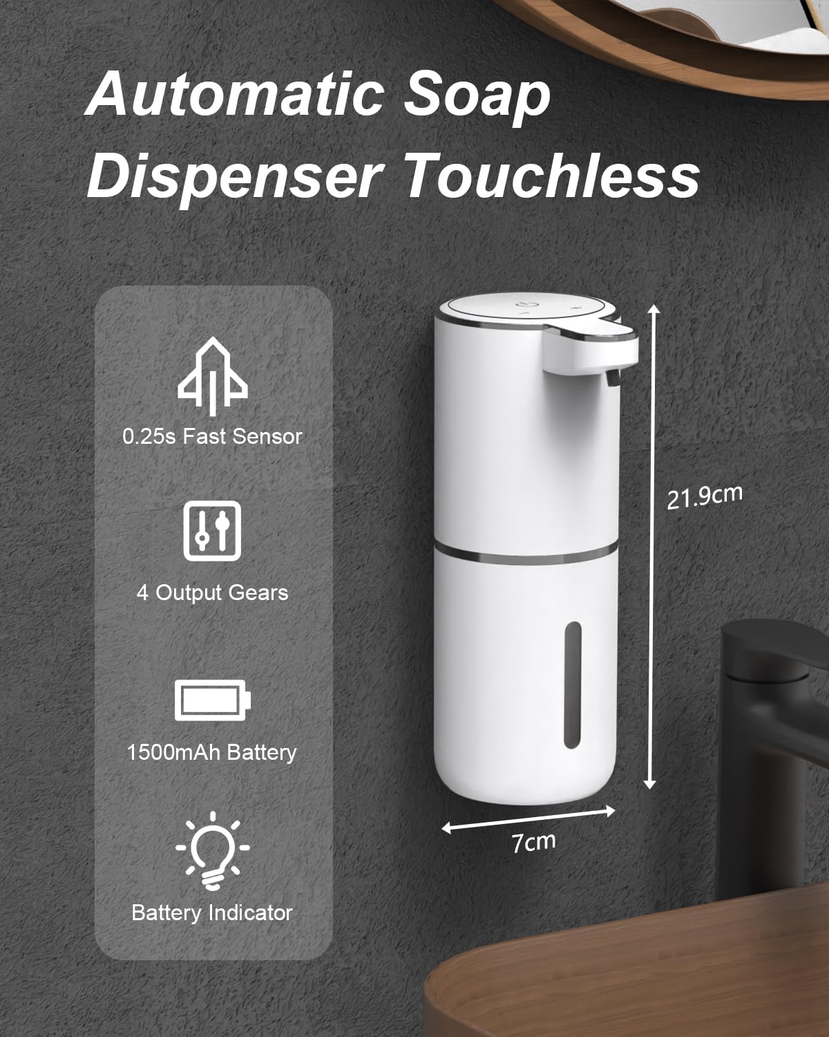 Seifenspender Automatisch, Dalugo USB C Wiederaufladbar Seifenspender Wandbefestigung 380ml Elektrischer Seifenspender mit Sensor, 4 Stufen Verstellbar Seifenspender Weiß für Küche Badezimmer
