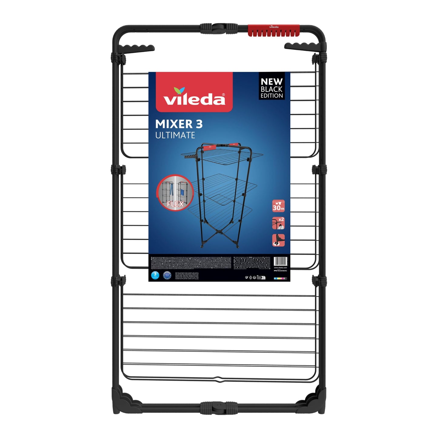 Vileda Mixer 3 Ultimate Wäscheständer (Black Edition), Turmwäscheständer, 30 m Trockenfläche, flexibel, leichtes Bewegen und Transportieren, schwenkbare Räder, extra Platz für Kleinteile, Eco-Pack