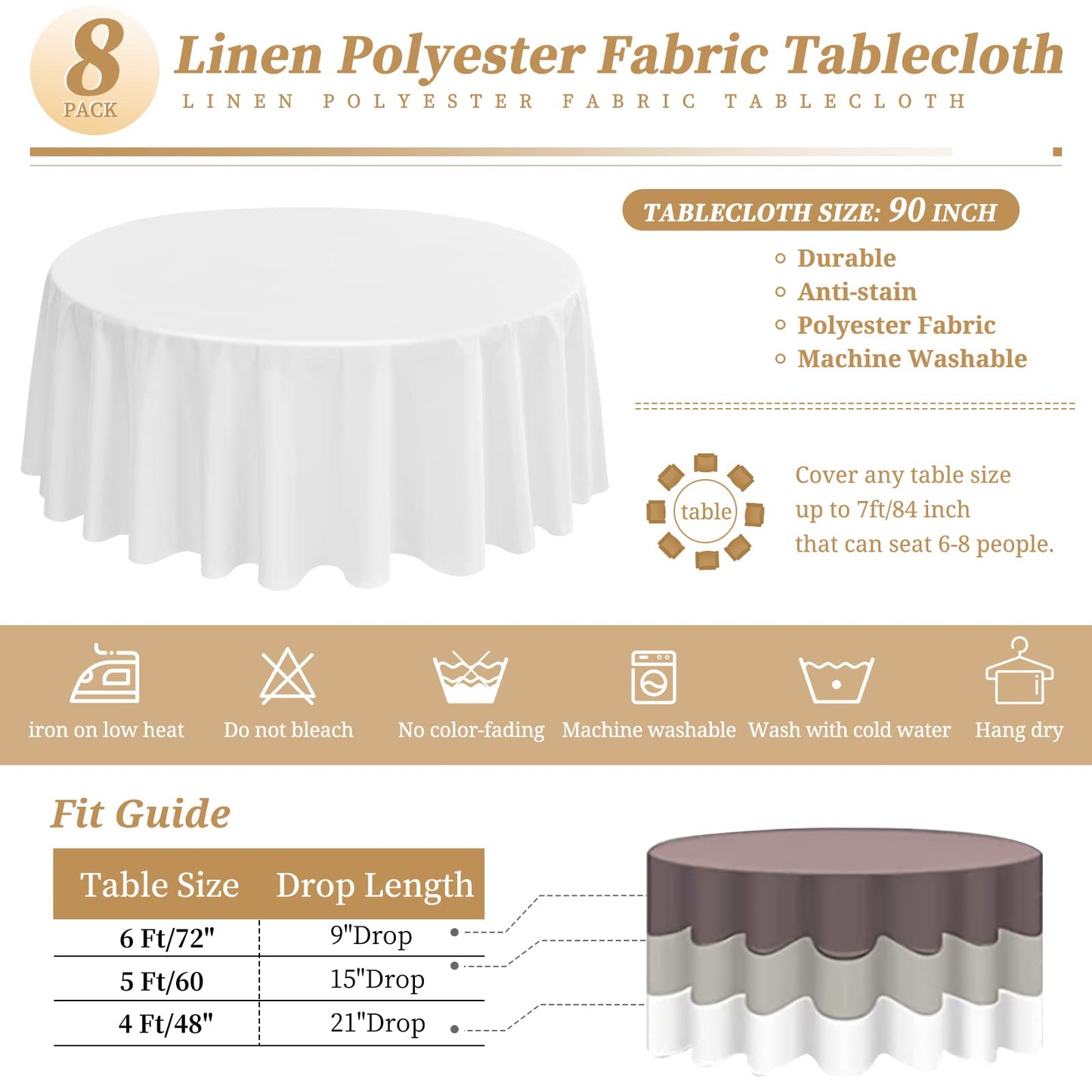 LYAFS Runde Tischdecke, 228 cm, Polyester, Wachstuch Tischdecke für runde Tische, hochwertige waschbare Stoff-Tischdecke für Hochzeit, Party, Bankett, Restaurant, Empfang, 8 Stück