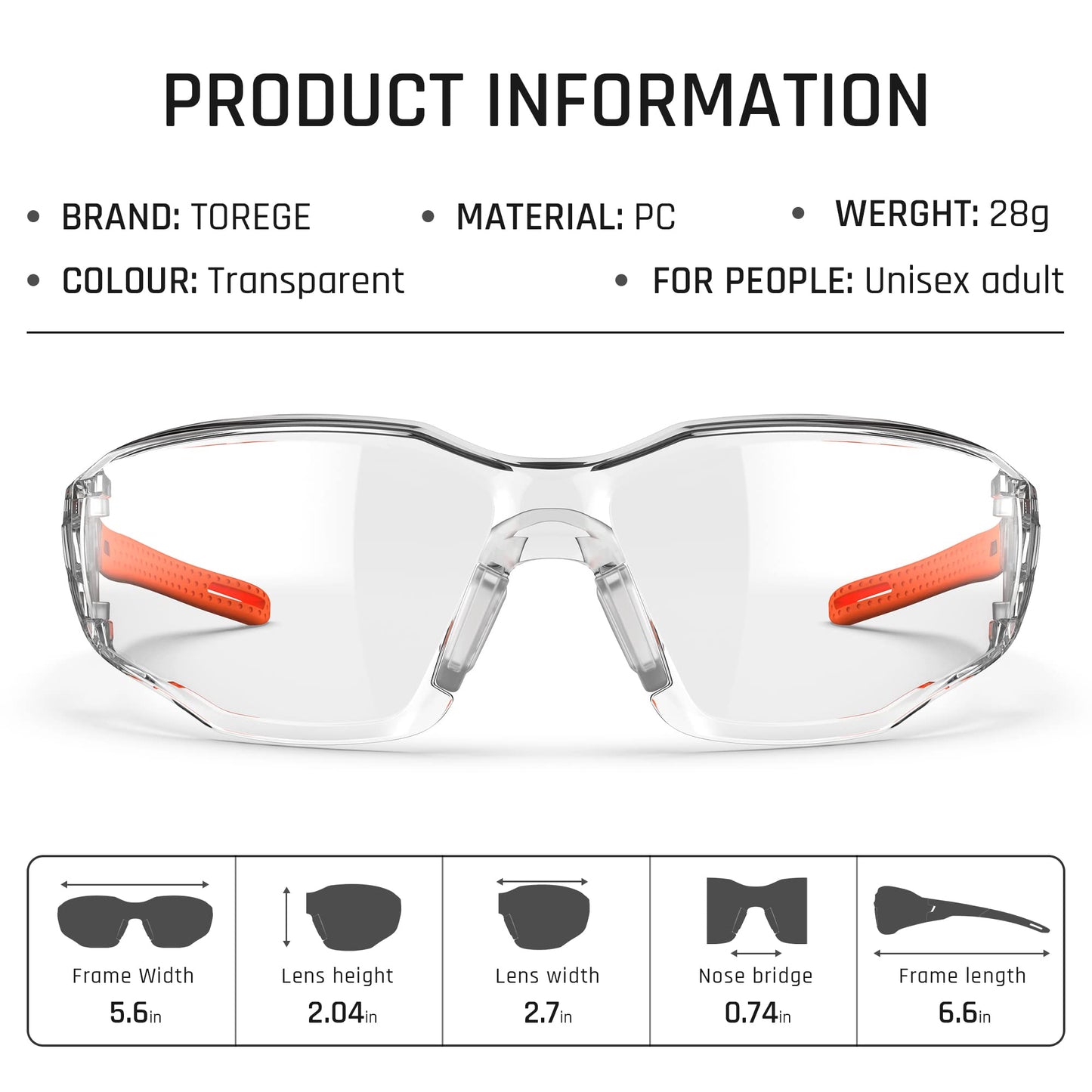 TOREGE Transparente Schutzbrille - Verstellbarer, beschlagfreier und kratzfester Nasensteg mit rutschfesten Gummigriffen - ANSI Z87 (Orange)