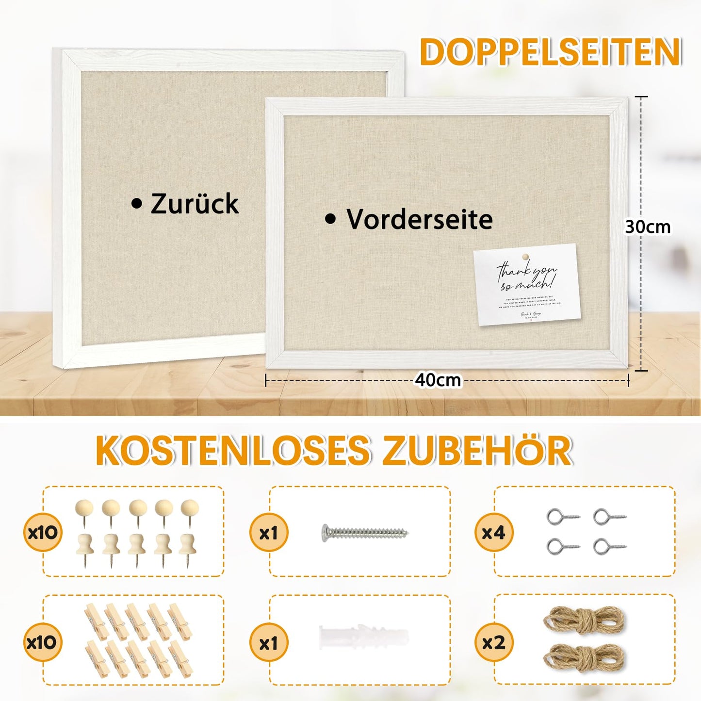 DOLLAR BOSS Pinnwand Kork mit Leinen 30×40CM Korkwand Pinnwand Klein, Pinwand mit Weißem Rahmen Doppelseitige Korktafel Für Zuhause, Küche, Büro, Dekoratives Aufhängen mit 10 Reißzwecken 1 Stück