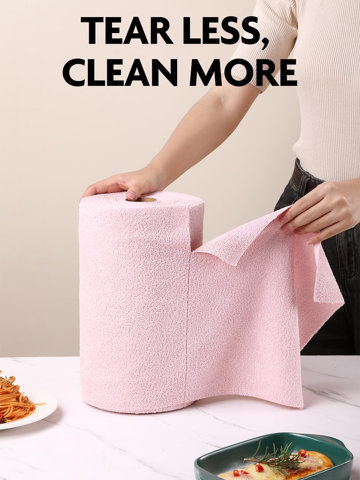 Fantasticlean Mikrofaser Reinigungstücher, 75 Stück pro Rolle Abreißbare Putztücher, Wiederverwendbare Fusselfreie Lappen für Auto, Küche und Haus 30x30cm-Rosa