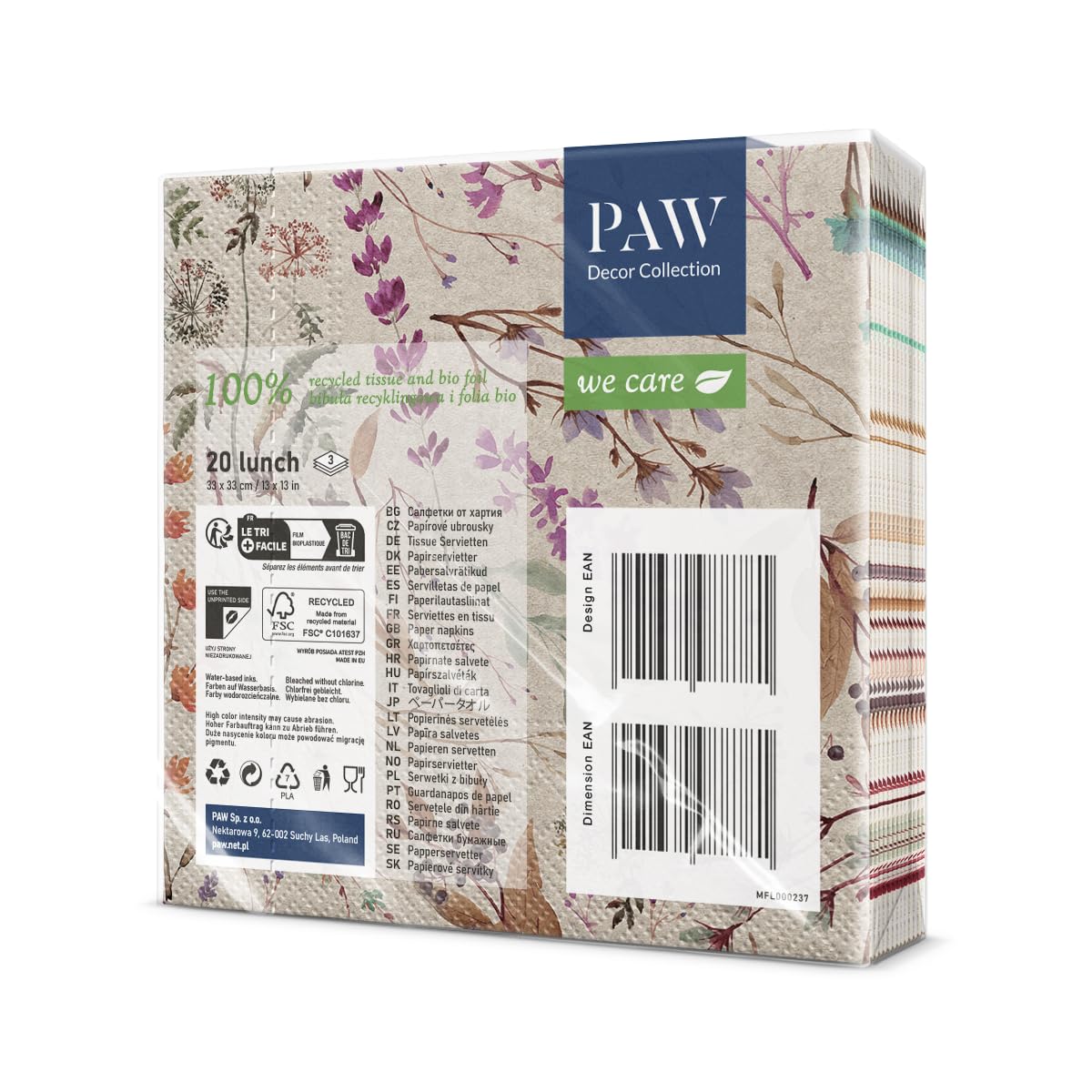 PAW - Servietten 3-lagig (33 x 33 cm) I 20 Stück I Perfekt für Geburtstage, Partys, Kommunion und Feiern I Papierservietten mit Natur Motiv I Umweltschutz, Getrocknete Blumen I Dried Floral Bouquet