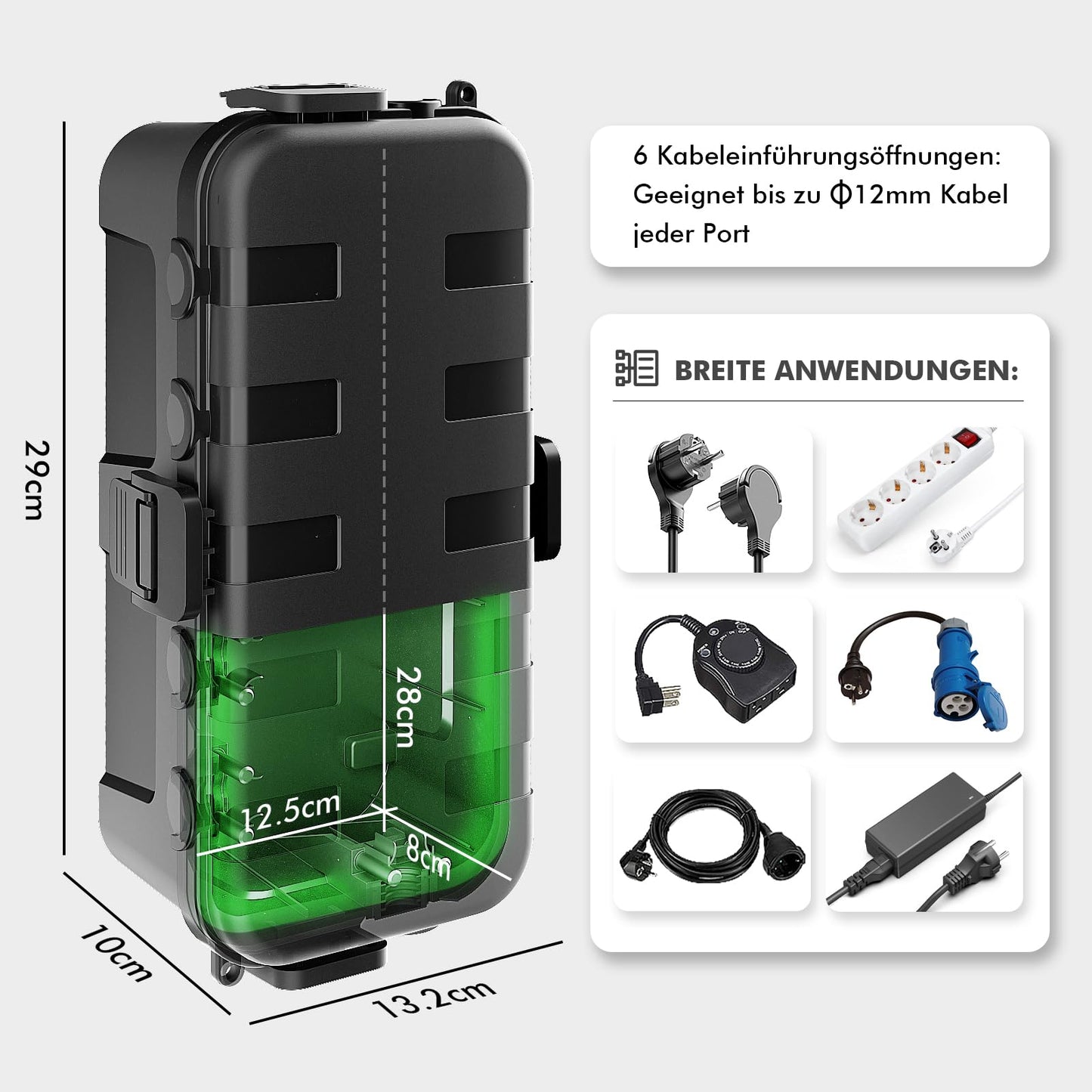 RESTMO Medium wasserdichte Kabelbox für den Außenbereich, IP54 wasserdicht, Wetterfeste Kabelbox, Ideal zum Schutz von Verlängerungskabeln, Steckdosenleisten und Winkelsteckern(29cm×13,2cm×10)-Schwarz