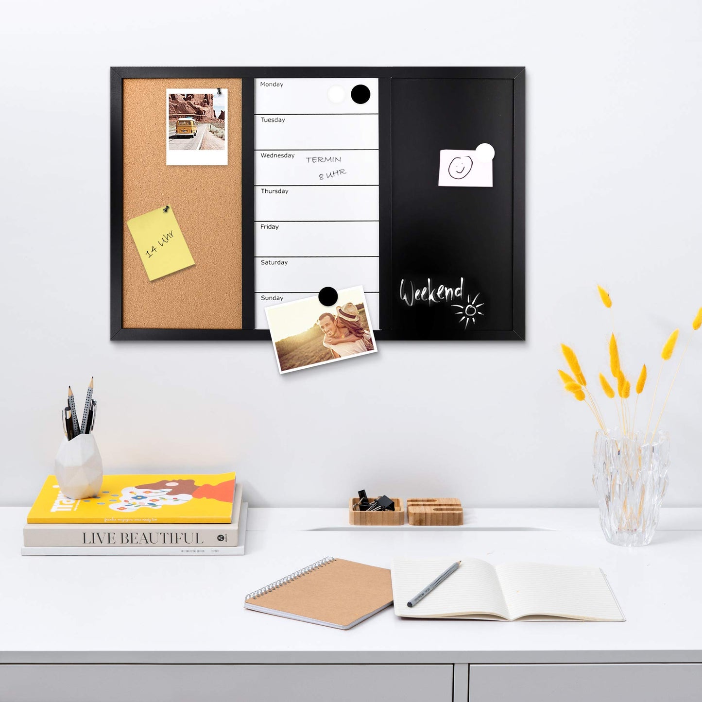 Navaris 3in1 Kombitafel 60x40cm - Kreidetafel Whiteboard Kork Pinnwand - Memoboard magnetische Seiten Weekly Plan inkl. Kreide Pins Magnete