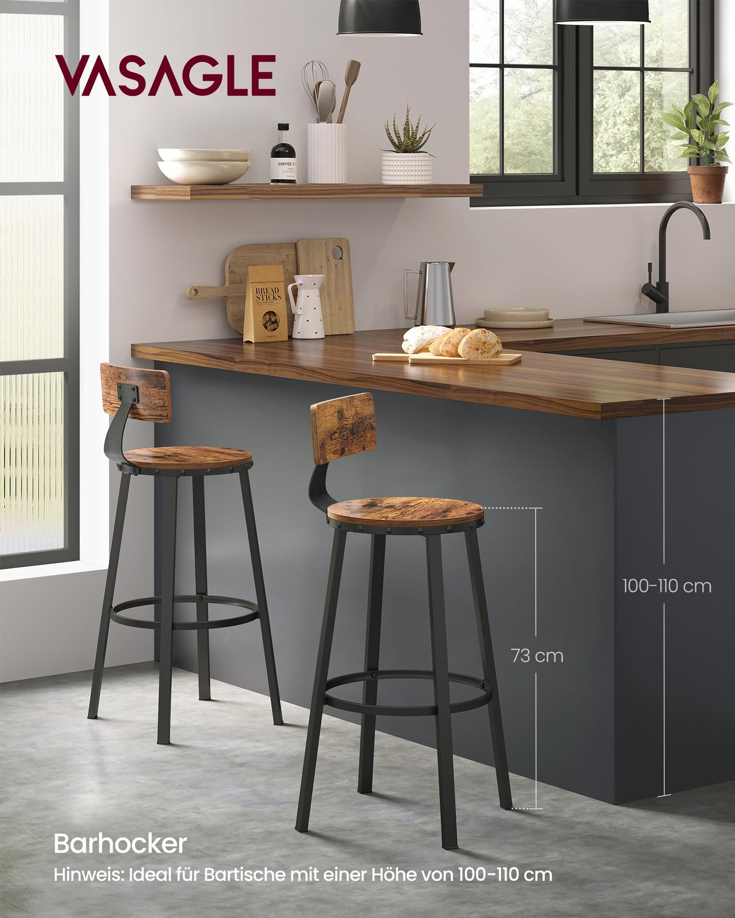 VASAGLE Barhocker, 2er Set, Barstuhl, Küchenstuhl mit Metallgestell, Sitzhöhe 73 cm, einfache Montage, Industrie-Design, vintagebraun-schwarz LBC026B01V1