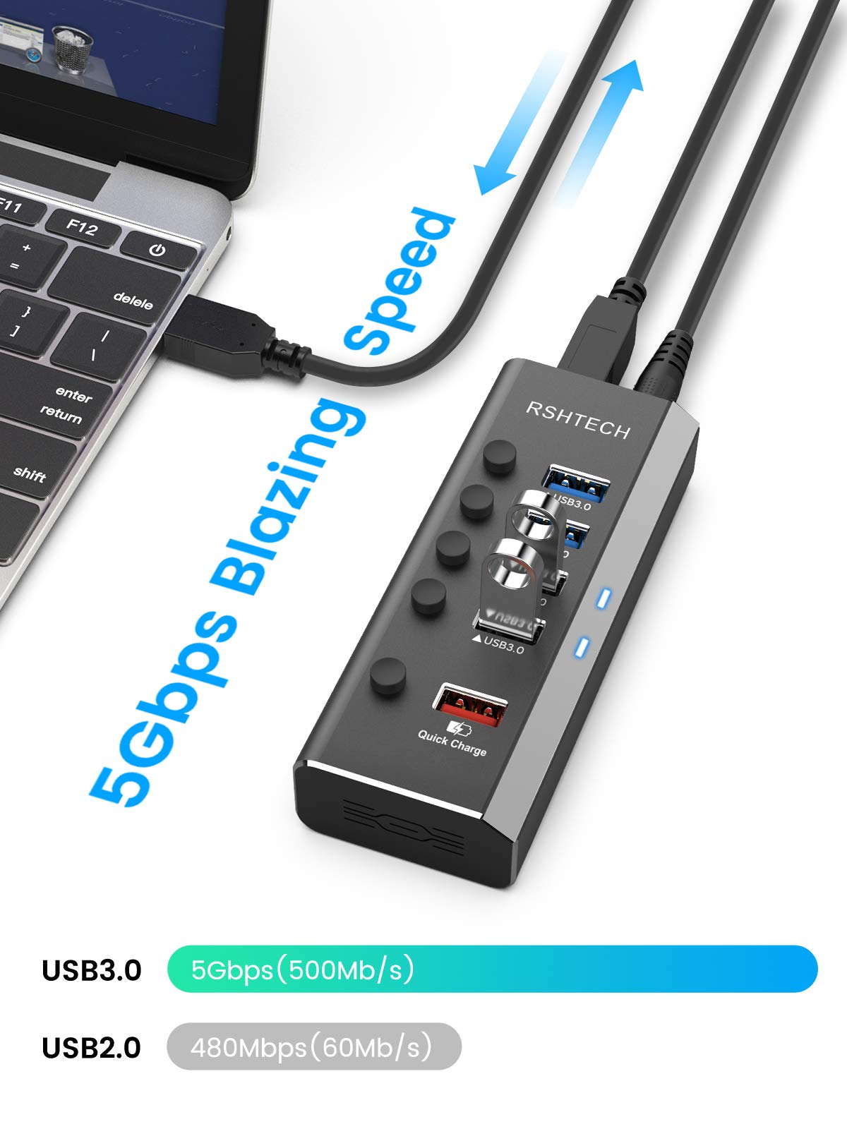 RSHTECH Aluminium USB Hub Aktiv 3.0 mit 24W Netzteil, mit 1*Schnellladeanschluss, 4*USB 3.0 Datenanschlüssen, 5-Port USB Verteiler mit 12V/2A Netzteil, für Aufladen und Datenübertragung, RSH-A35