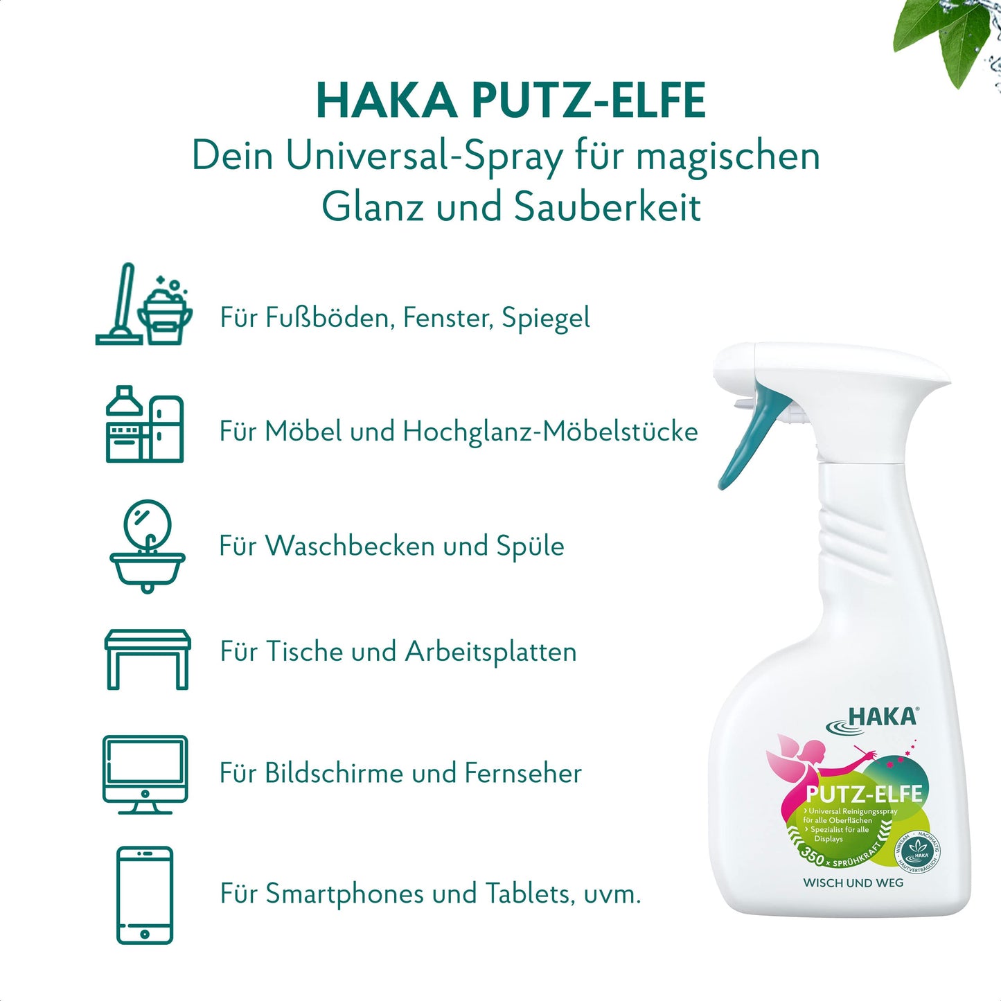 HAKA Putz Elfe, 350 Sprüher Universalspray, streifenfrei für Glas, Display, Möbel, 500 ml