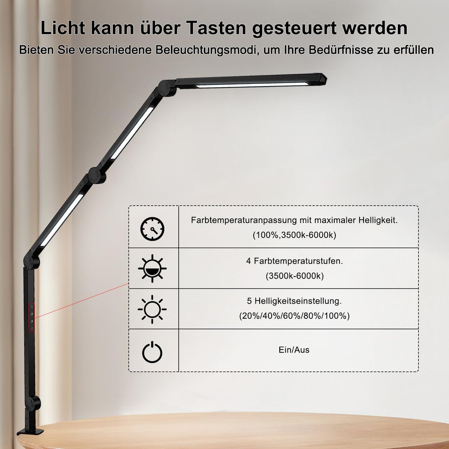 vimeepro Led Schreibtischlampe klemmbar,Tischlampe 4 Sektionen Schwingarm Tageslichtlampe Schreibtisch,Touch Control Helligkeitsstufen 5 Helligkeit 4 Farbmodi, Speicherfunktion desk Lamp