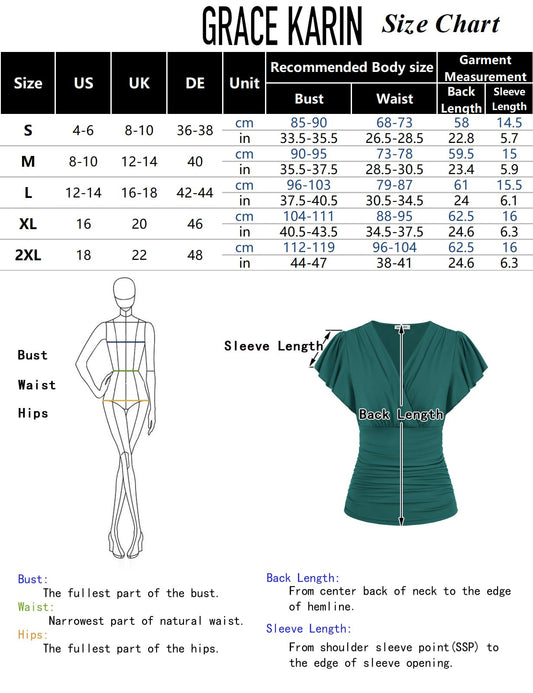 GRACE KARIN Damen V-Ausschnitt Oberteile Sexy Kurzarm Slim Fit Tops Tunika Elegant Einfarbig Blusen CL1977S23-01_00L