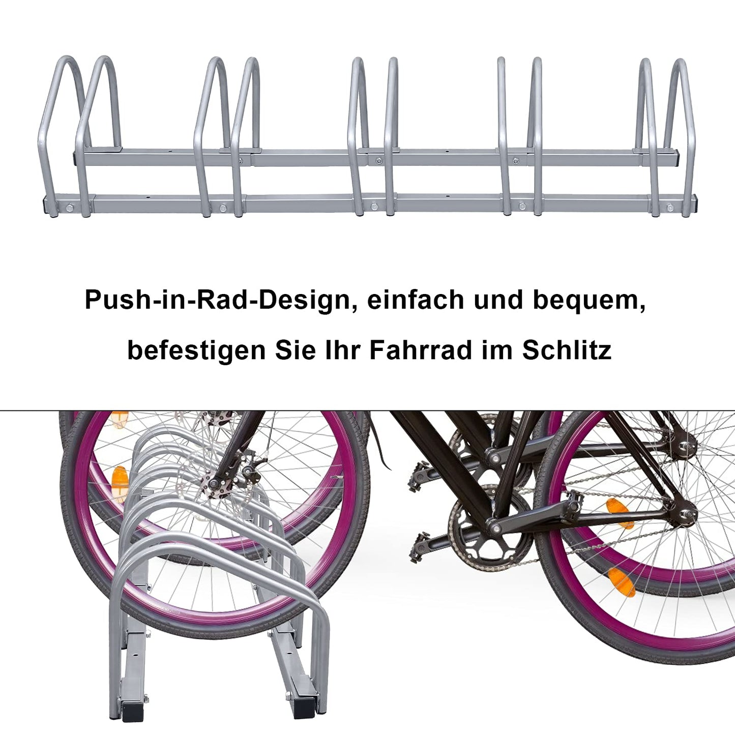 Izrielar Fahrradständer, Für 5 Fahrräder 35-55 mm Reifenbreite, Boden und Wandmontage, Mehrfachständer Fahrradparker, Aufstellständer Verzinktem, silber MaßeHBT:26x130x32 cm