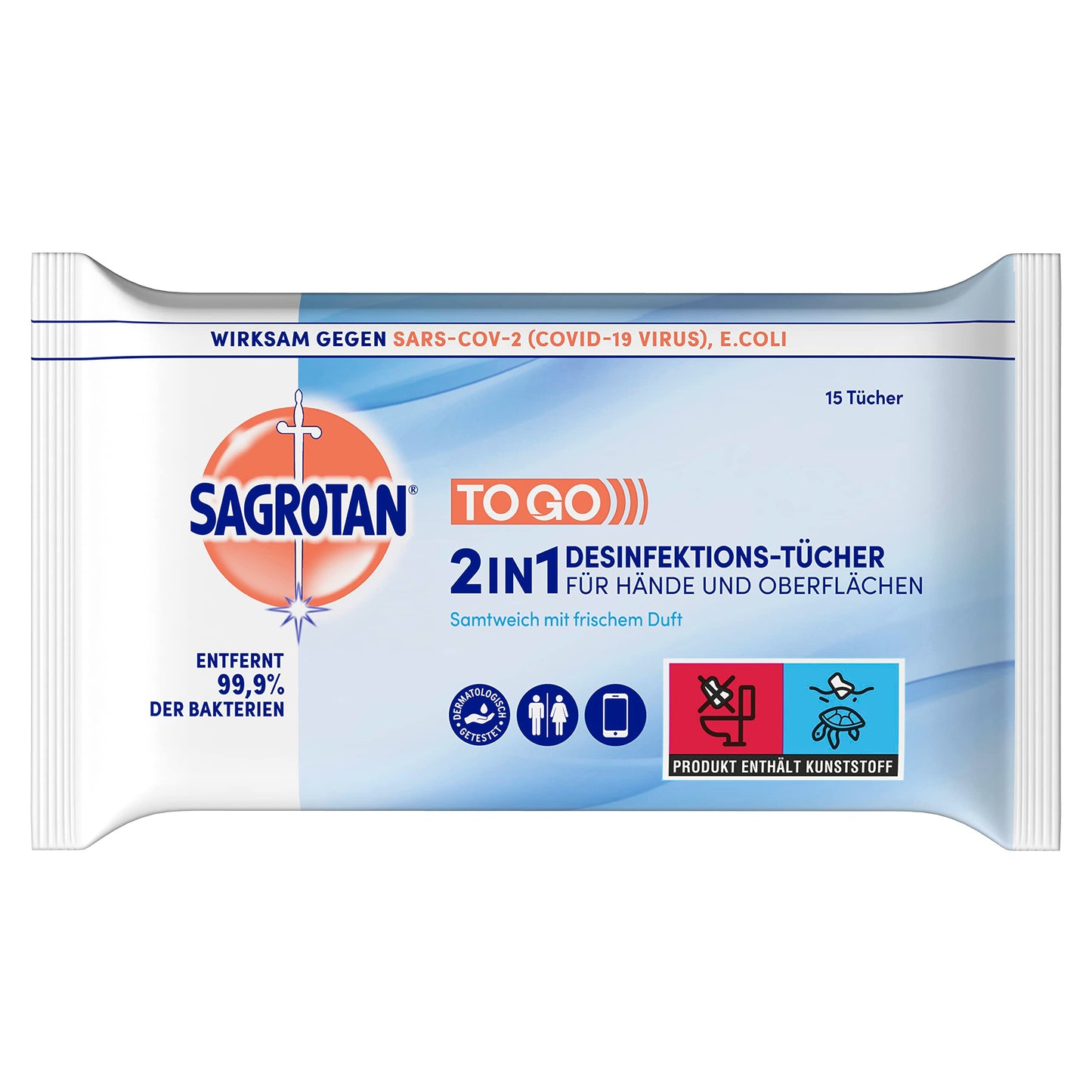 Sagrotan 2in1-Desinfektionstücher – Zum Desinfizieren von Händen und Oberflächen – 8 x 15 Feuchttücher in wiederverschließbarer Verpackung, Weiß, Ozean