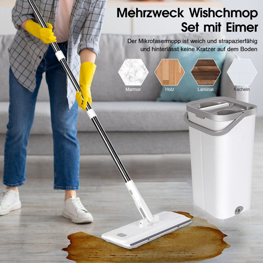 Wischmopp Set mit Eimer, MASTERTOP Bodenwischer Set mit Verstellbarer Griff und 10 Mikrofaser Wischpads, 2 in 1 Putzeimer and Wischmopp Set, Wischer mit Auswringfunktion für All Boden-Weiß