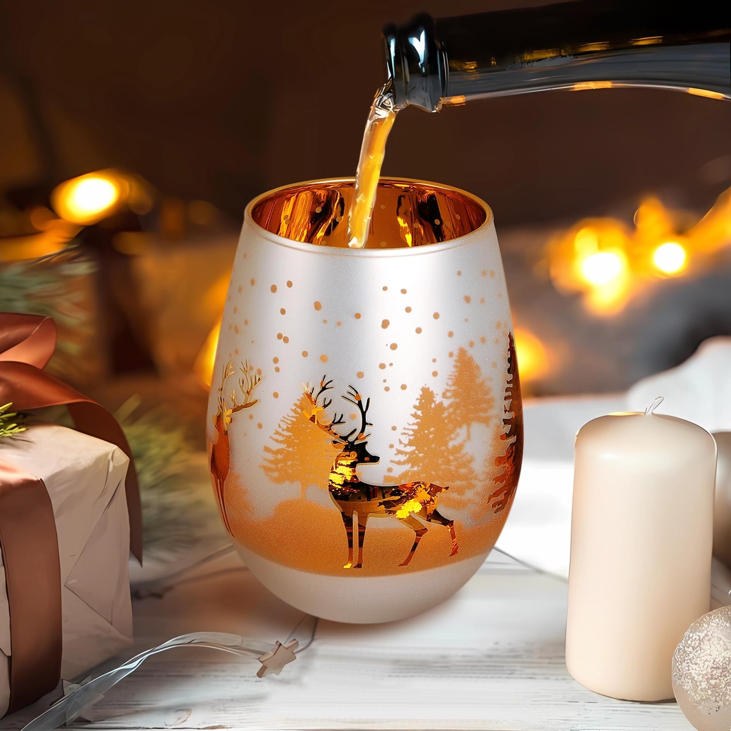 Joeyan 2er Set Weingläser Weihnachten ohne Stiel, 540ml Silber Rotweingläser mit Gold Weihnachtsbaum Elch Schneeflocken Muster,Geschenk Weihnachten
