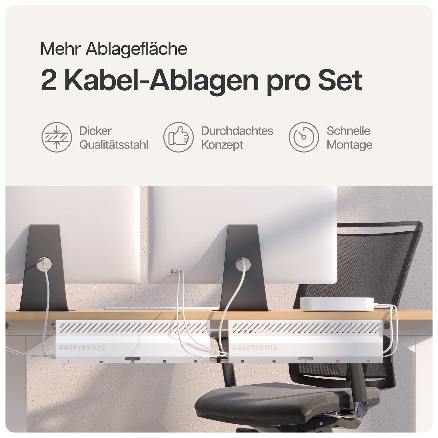 Kabelkanal Schreibtisch Weiß 2er Set - Edelstahl Kabelmanagement Schreibtisch Kabelkanal mit 5 Kabelausschnitten - Einfach zu Installierender Kabel-Organizer - Kabelhalter von Desktronic