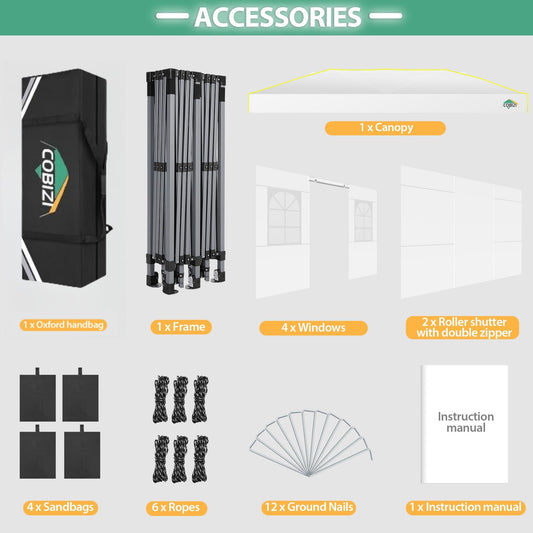 COBIZI Pavillon 3x6 Faltpavillon 3x6 wasserdicht Winterfest,Gardenpavillon Partyzelt Pop Up Pavillon Klappbar 3x6 Zelt mit 6 Seitenwnden mit Belüftungsöffnungen, Sandsack für Markt, Freien Event,Weiß