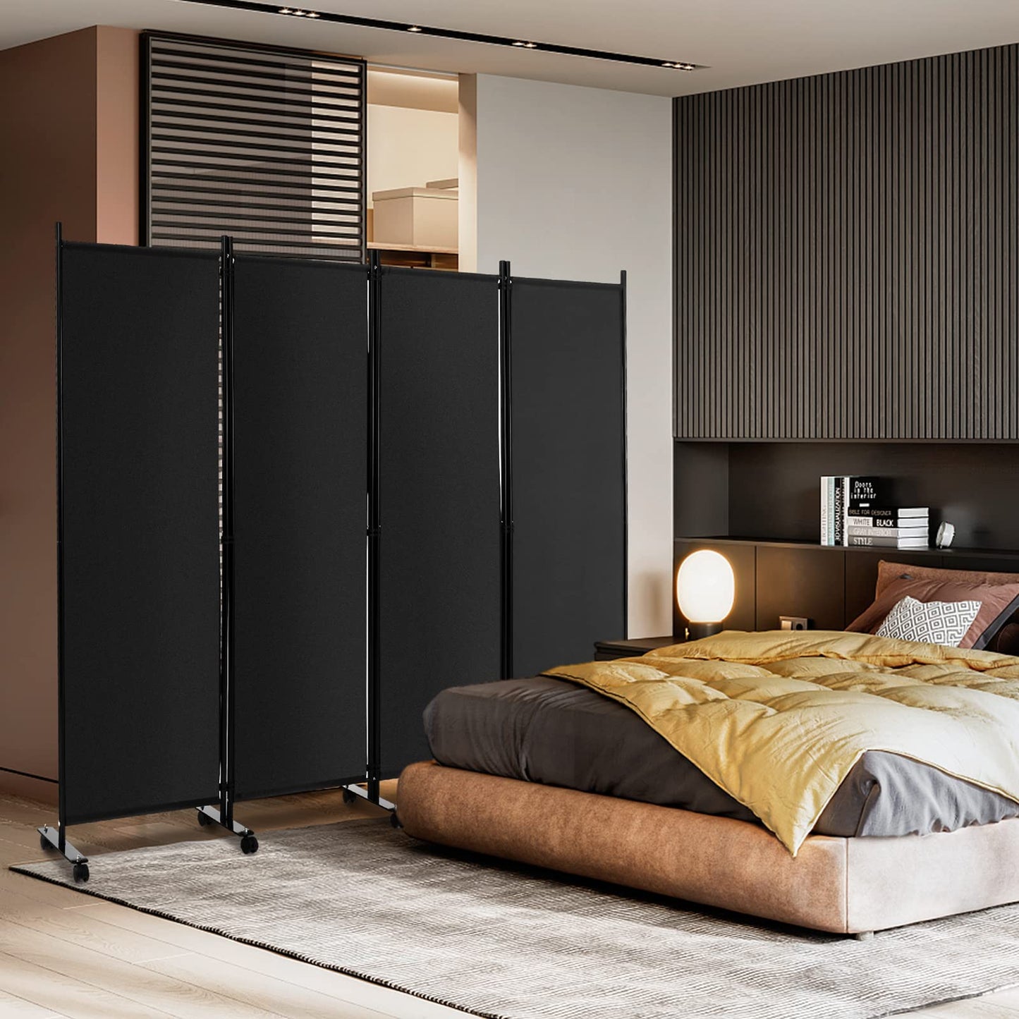 COSTWAY 225 x 173 cm Raumteiler auf Rollen, Paravent 4-teilig, Trennwand faltbar, aus Stoff, Sichtschutz für mehr Privatsphäre und Flexibilität (Schwarz)