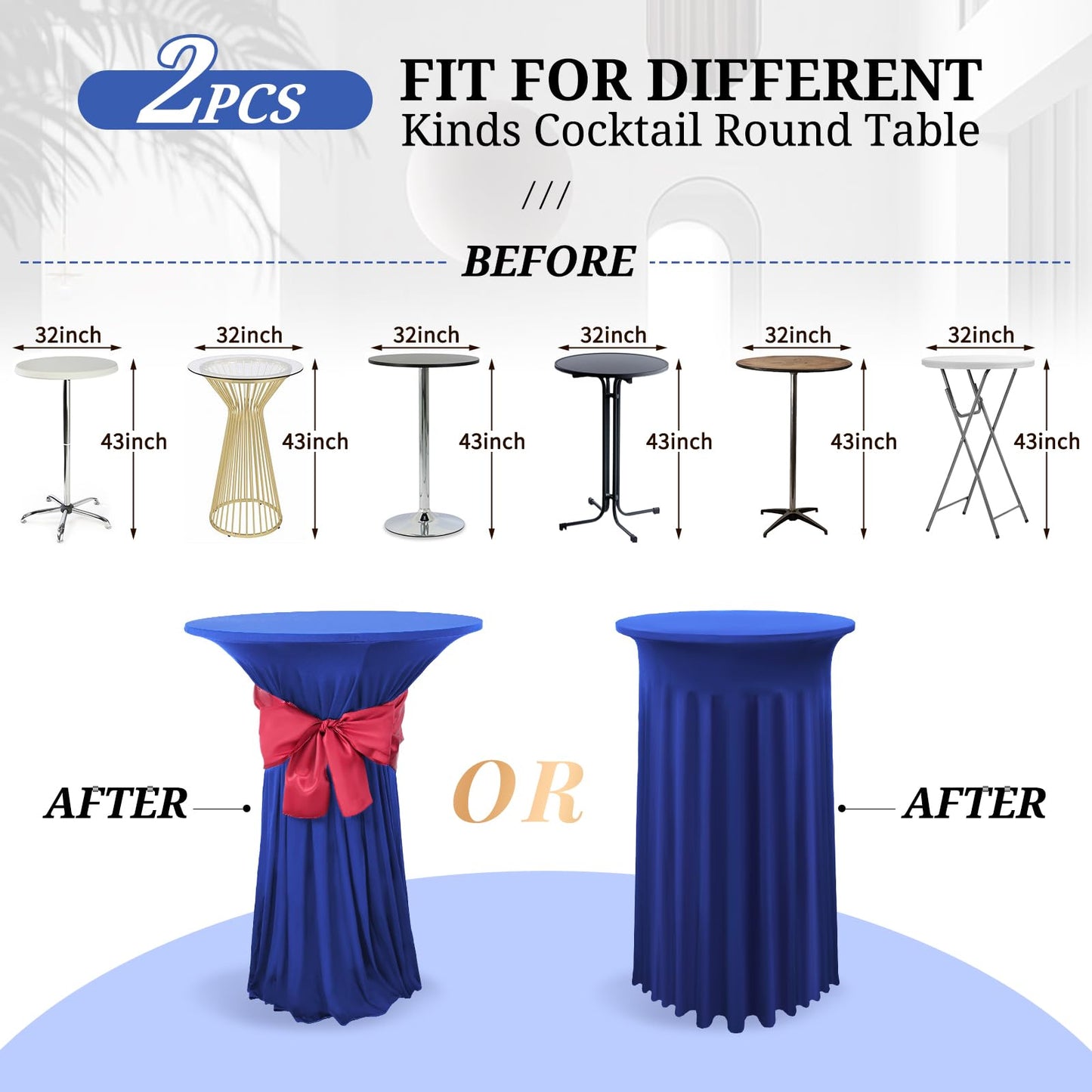 YMHPRIDE 2er-Set Blau Stehtisch Hussen Stretch Stehtisch Tischdecke mit Rock, 80×110cm Runder Cocktail-Tischrock, Bistrotisch-Bartisch-Abdeckung für Party, Hochzeit, Banketttisch