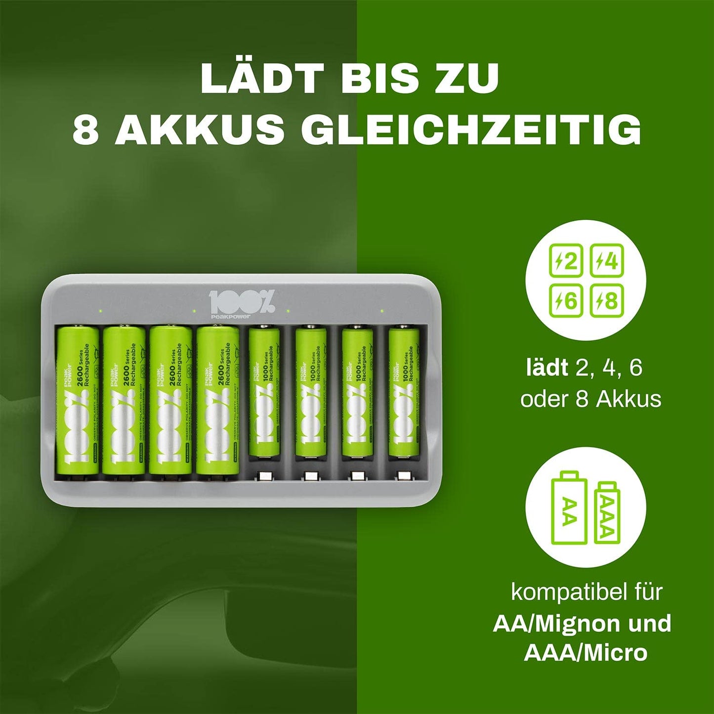 100% PeakPower Akku Ladegerät AA AAA | Batterie Ladegerät inkl. 8 Akkus (4X AA Akku + 4X AAA Akku), Überladeschutz, Sicherheits-Timer (USB Ladegerät Batterien AAA und AA in plastikfreier Verpackung)