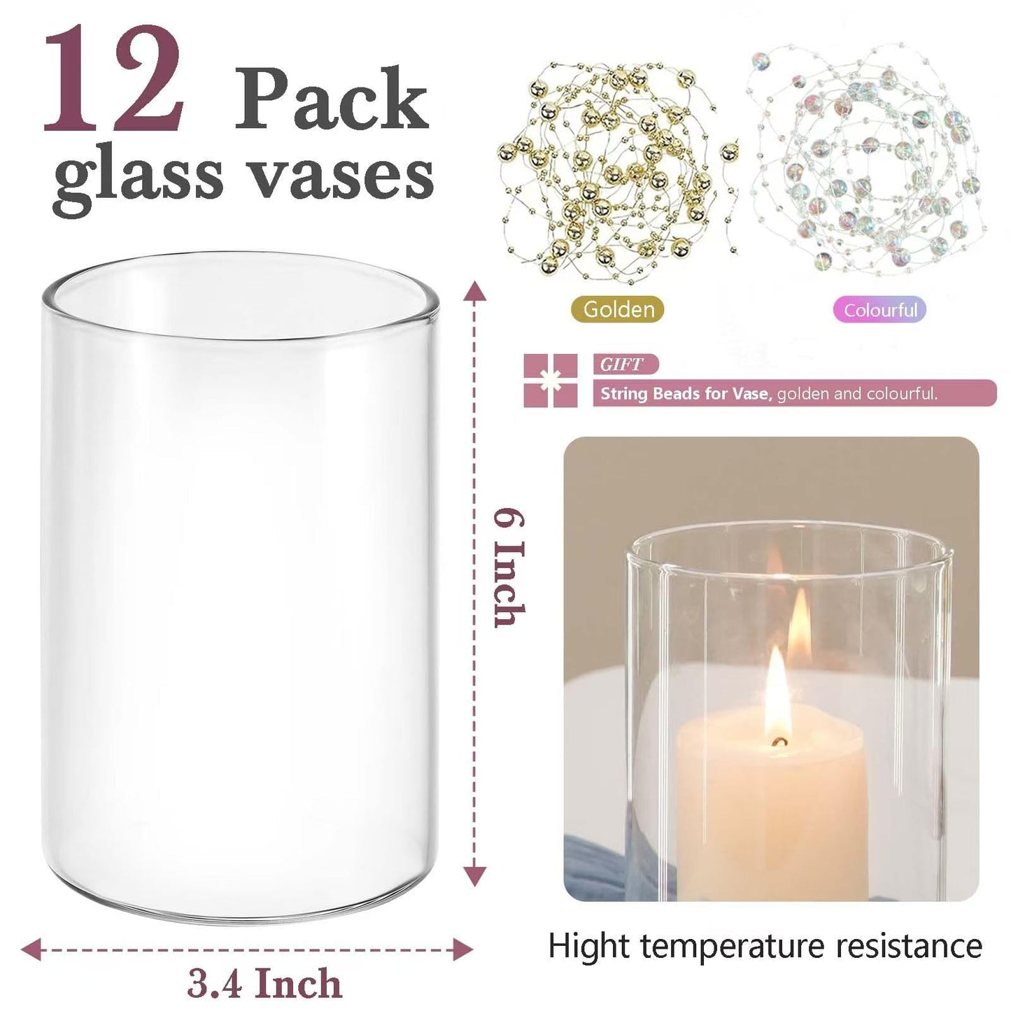 Glasvasen 12er-Pack, 15 cm hohe zylindrische Vase, Glasvase zur Tischdekoration, Blumenvase, Kerzenglasflasche, Kieselsteinflasche, für Party-, Hochzeits- und Bankettdekoration(12, 8.5×15-Gerade)