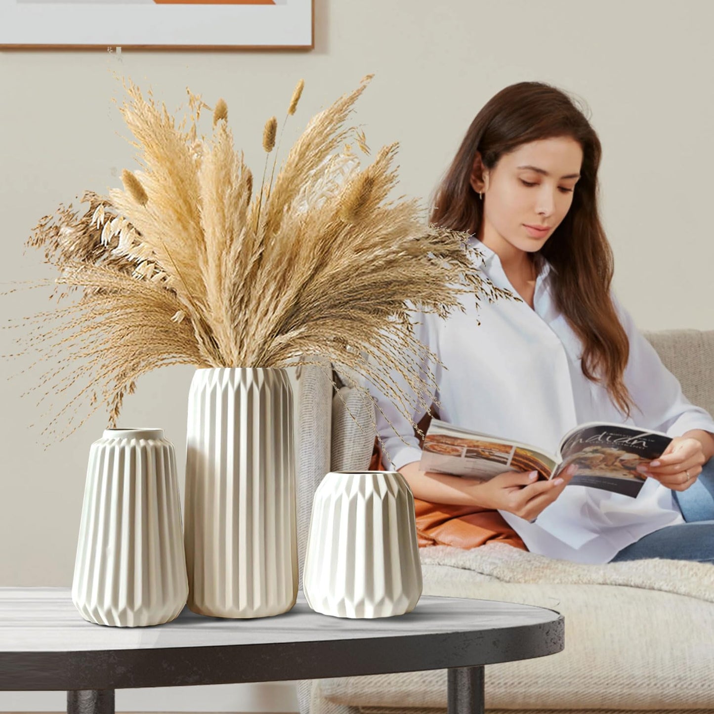 Vasen Deko -Weiße Keramik Vase Satz von 3 für Moderne Home Decor,Deco Matte Vasen für Pampasgras,Vasen Deko Aesthetic Neutral Boho Skandinavische Deko Vase (A Weiß)