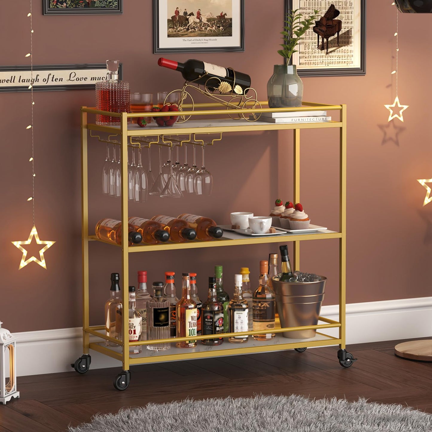 Lifewit Servierwagen, 3-stöckiger Barwagen auf feststellbaren Rädern, Küchenrwagen für 12 Gläser und 4 Weine, Servierwagen mit Rollen für das Esszimmer, 80,2 x 33,2 x 86 cm, Gold Lebenswit