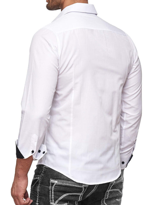 Baxboy Herren-Hemd Slim-Fit Bügelleicht Für Anzug, Business, Hochzeit, Freizeit - Langarm Hemden für Männer Langarmhemd R-44, Farbe:Weiss/Schwarz, Größe:L