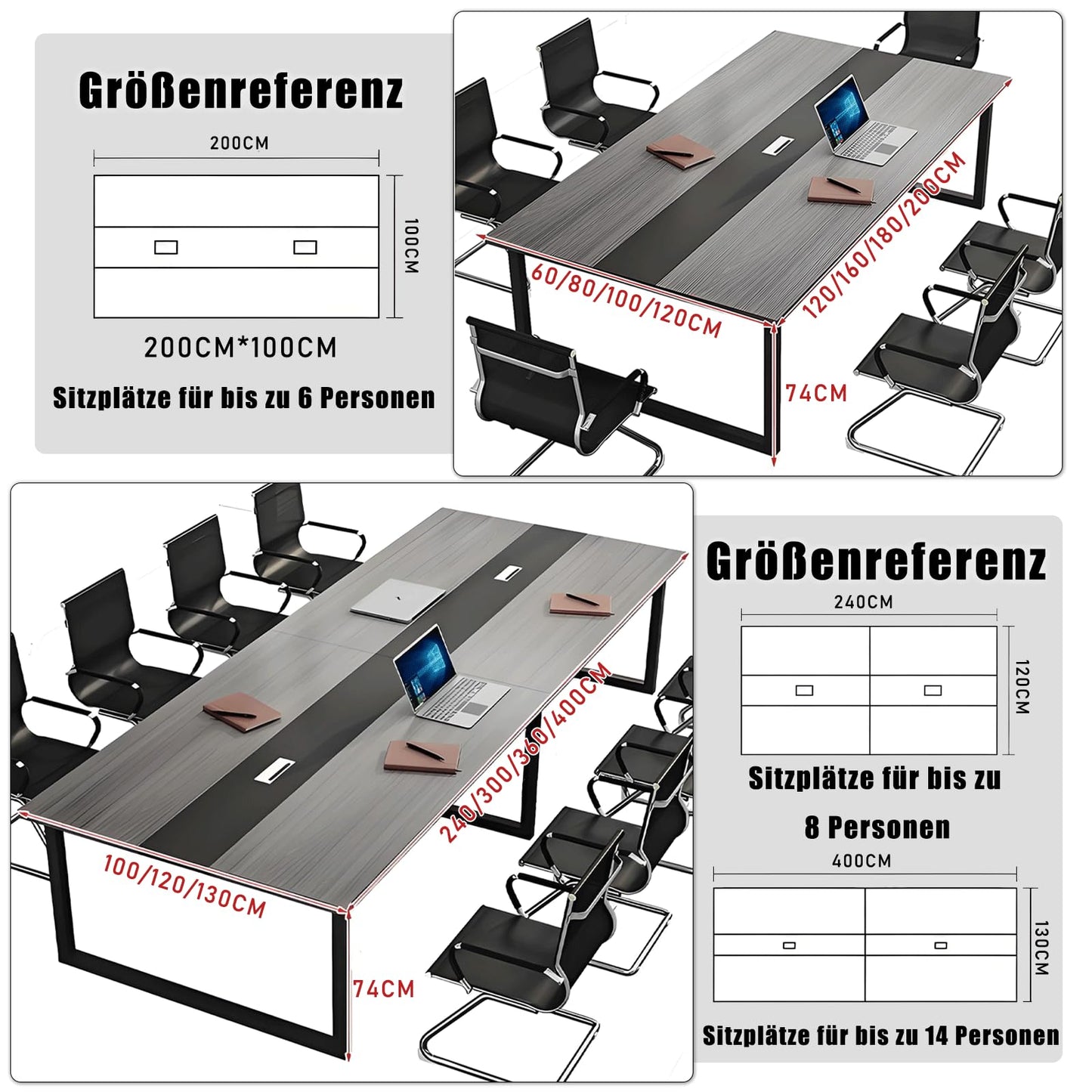 Tazyee Großer Konferenztisch Weiß Schwarz, Moderner Besprechungstisch mit Kabelmanagement und Höhenverstellbaren Füßen für 12 Personen