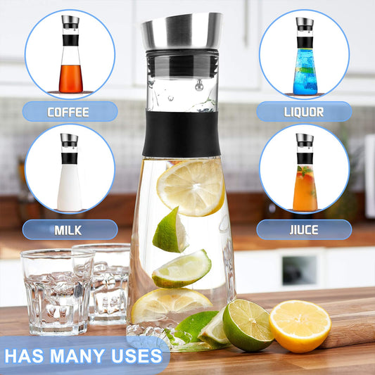 FAMKEEP Glas Karaffe,1200 ML Karaffe mit Deckel aus Edelstahl,Wasserkaraffe,Saft Krug,Glaskaraffe Benutzt für Eistee Heißes Kaltes Wasser Milch Kaffee Wein
