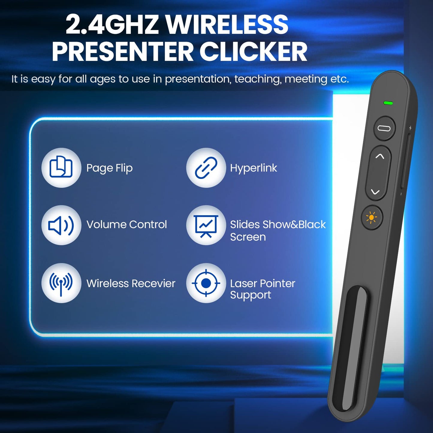 Presentation Clicker, 2,4 GHz Wireless Presenter-Präsentationsfernbedienung für Lehrer, Büro, Besprechungen, Berichte - Unterstützung Hyperlink und Lautstärkeregelung (black)