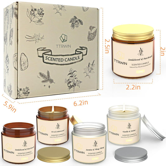 TTRWIN 4 Duftkerzen Set, Duftkerze Sojawachs Lange Brenndauer, Klein Duftkerze im Glas, Jasmin/Ylang Ylang, Sandelholz/Patchouli, Tannen/Zedernholz, Vanille/Amber, Geschenk für Frauen Männer