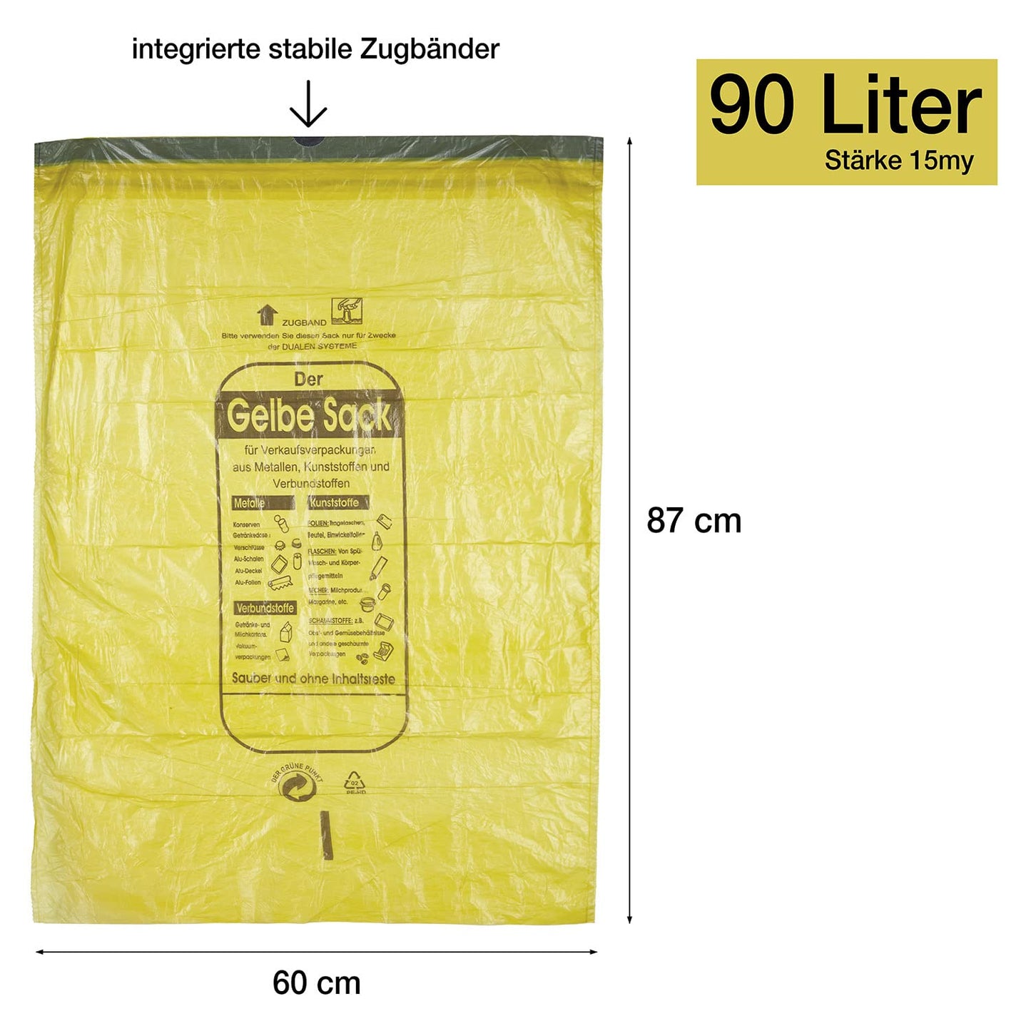BigDean 20 Rollen Gelber Sack, Gelbe Säcke 90 Liter HDPE Gelb 13 Stück pro Rolle, insgesamt 260 Stück - ca. 60x87 cm Plus 5 cm Umschlag 15my - Ideal für Mülltonnen, Mülleimer und Körbe