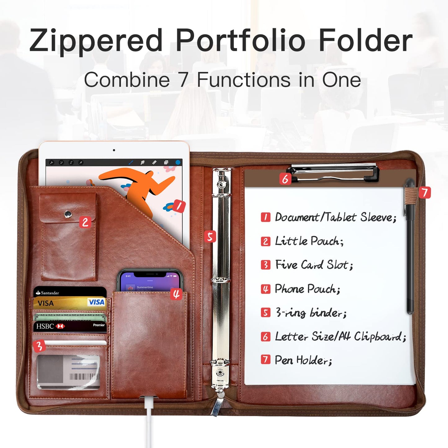 WRIYES Schreibmappe A4 mit Ringbuch Reißverschluss, PU Kunstleder Konferenzmappe, Business Büro Mappen Organizer, Mit Klemmbrett und Multifunktionstasche (Braun)
