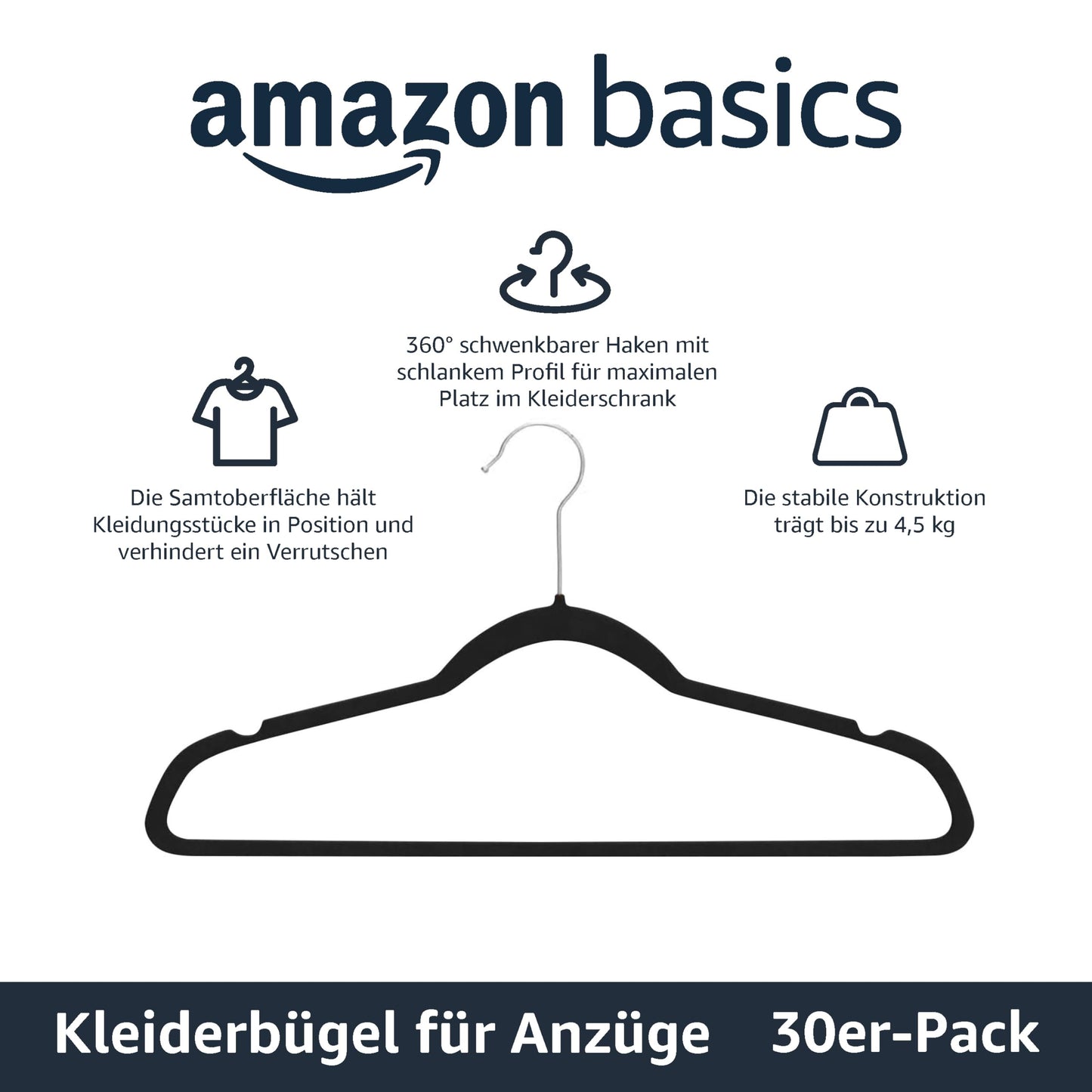 Amazon Basics - Samtbügel für Anzüge, 30er-Pack, Schwarz