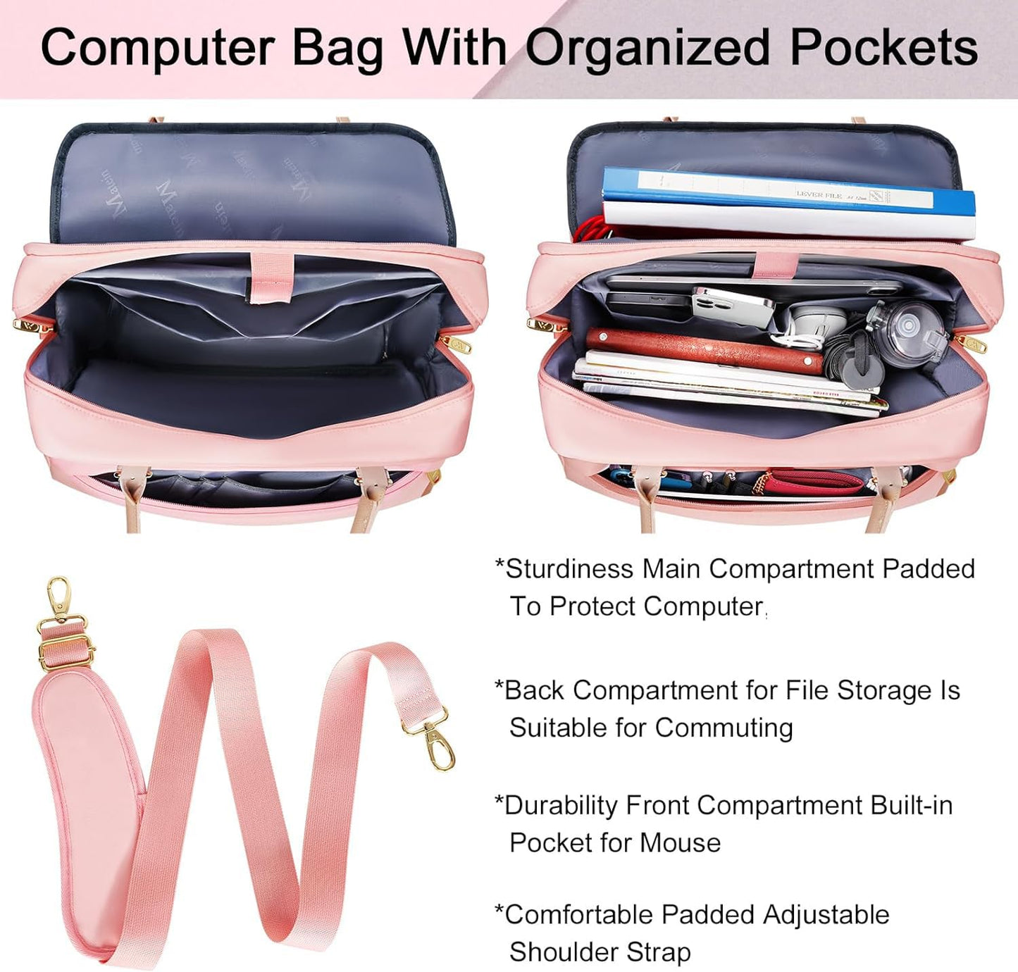 MATEIN Handtasche Damen Groß, Laptoptasche 17,3 Zoll Arbeitstasche mit Vielen Fächern Messenger Bag Businesstasche Frau Aktentasche Bürotasche Pink Laptop Bag Umhängetasche für Schule, Reisen, Rosa