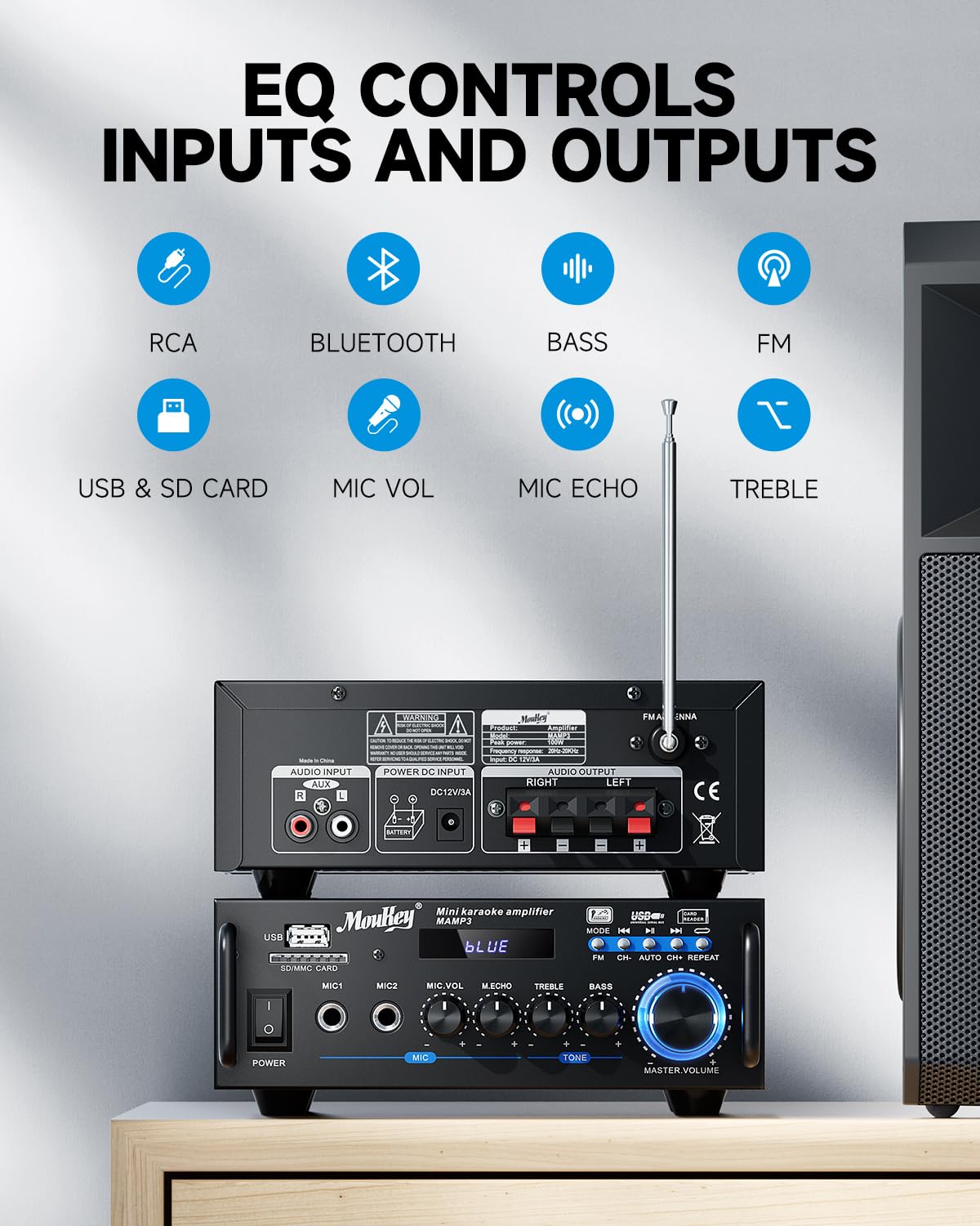 Moukey 2.0 Kanal Stereo Bluetooth Karaoke Verstärker, 100W Stereo Audio Verstärker Empfänger, Verstärker HiFi mit RCA, USB, SD, 2 Mic Eingänge, FM Radio für Auto oder Zuhause, MAMP3