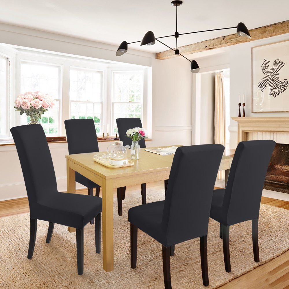 Stuhlhussen 4 Stück, Stretch-Stuhlbezug elastische Moderne Husse Elasthan Stretchhusse Stuhlbezug Stuhlüberzug . bi-Elastic Spannbezug, sehr pflegeleicht und langlebig Universal (4 Stück, Schwarz) -J