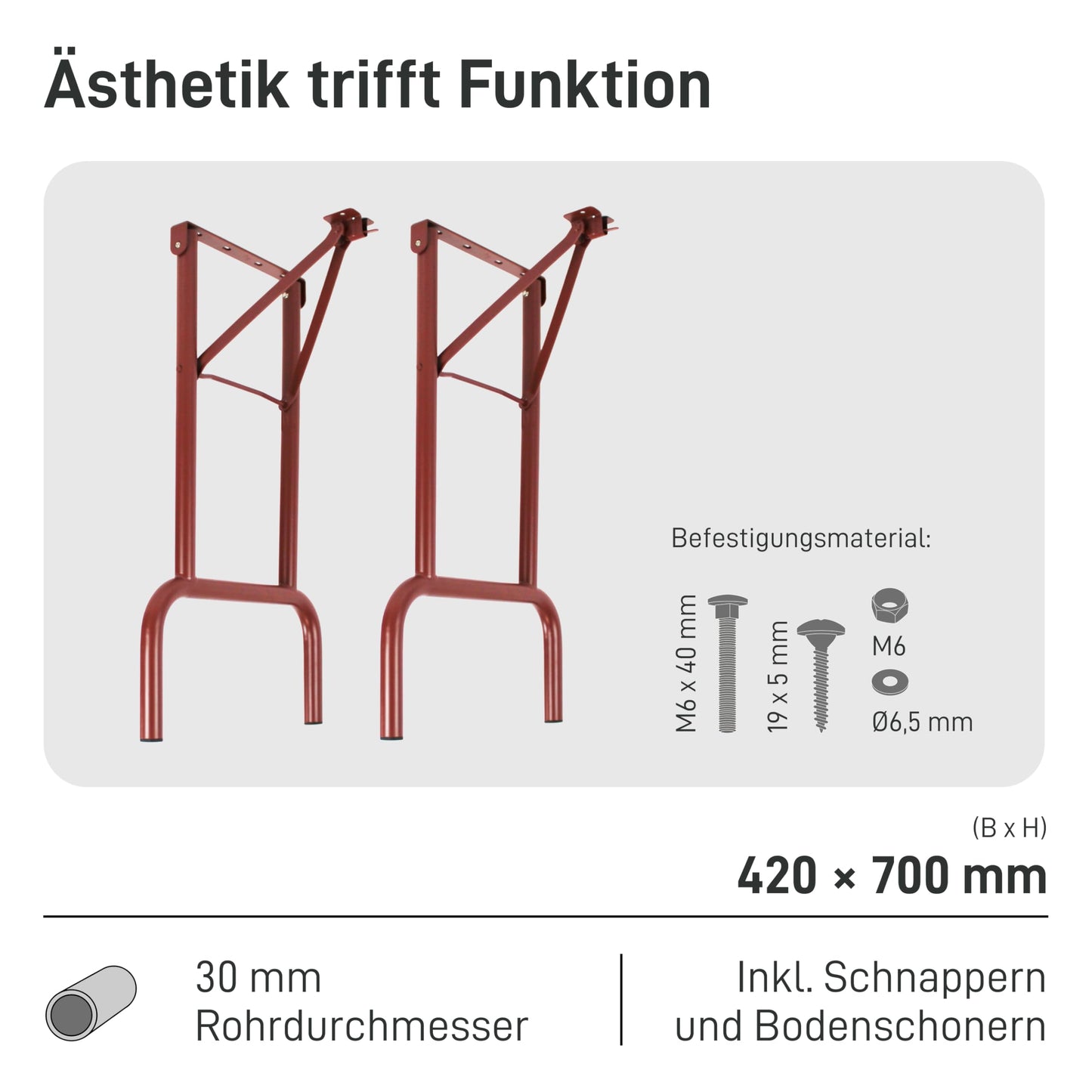 Natural Goods Berlin 2X Tischbeine Metall Dunkelrot für Bierzeltgarnitur klappbar (70 cm x 42 cm) - Tischfüße für Biertisch - Biergartengarnitur Tischkufen - Outdoor Tischgestell Garten & Terrasse
