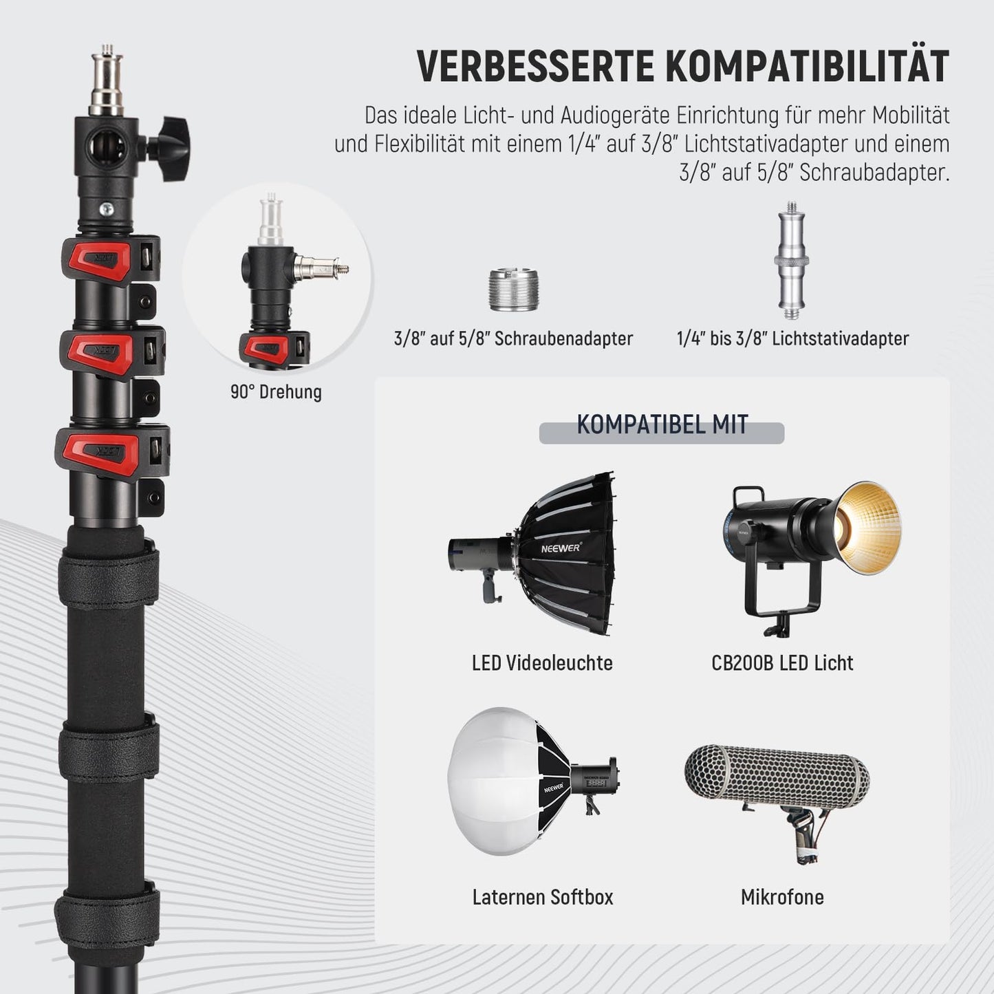 NEEWER 230cm Handliches Lichtstativ Teleskop Aluminium mit 1/4", 3/8", 5/8" Schraube/Einfachem Klappverschluss/Schultergurt/Kabelbindern/Tasche, Auslegerständer für Videolicht Flash Mikrofon, MS-230C