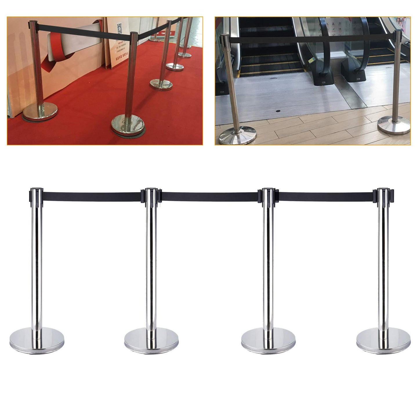 4 Stück Absperrständer Personenleitsystem Edelstahl Absperrbänder Absperrpfosten Abgrenzungspfosten mit 4 Gurtband Schwarz