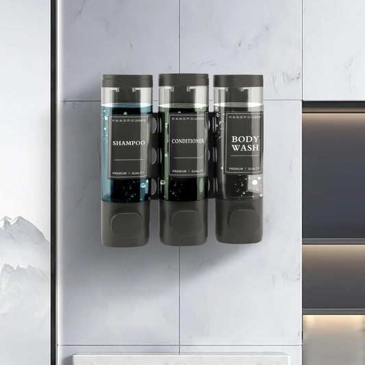 MEKOTRIN Seifenspender Wandbefestigung mit 3 Kammern – Wandmontage ohne Bohren oder Schrauben, Nachfüllbarer Duschgelspender 3×300 ml – ABS Kunststoff, Grau, ideal für Bad, Küche & Hotel