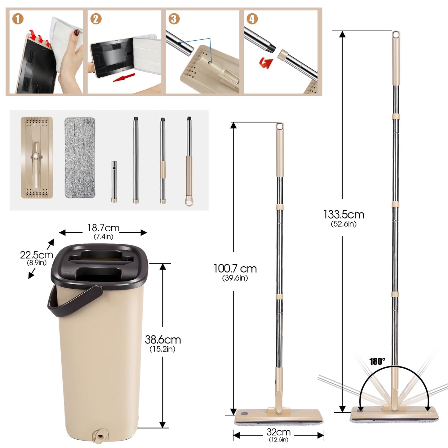 MASTERTOP Wischmopp Set mit Eimer, 2 in 1 Bodenwischer mit 138cm Edelstahlgriff und 6 Mikrofaser Moppkopf, Hand-Frei Wischmop & Putzeimer mit auswringfunktion für Hartholz Laminat Fliesen(Beige)