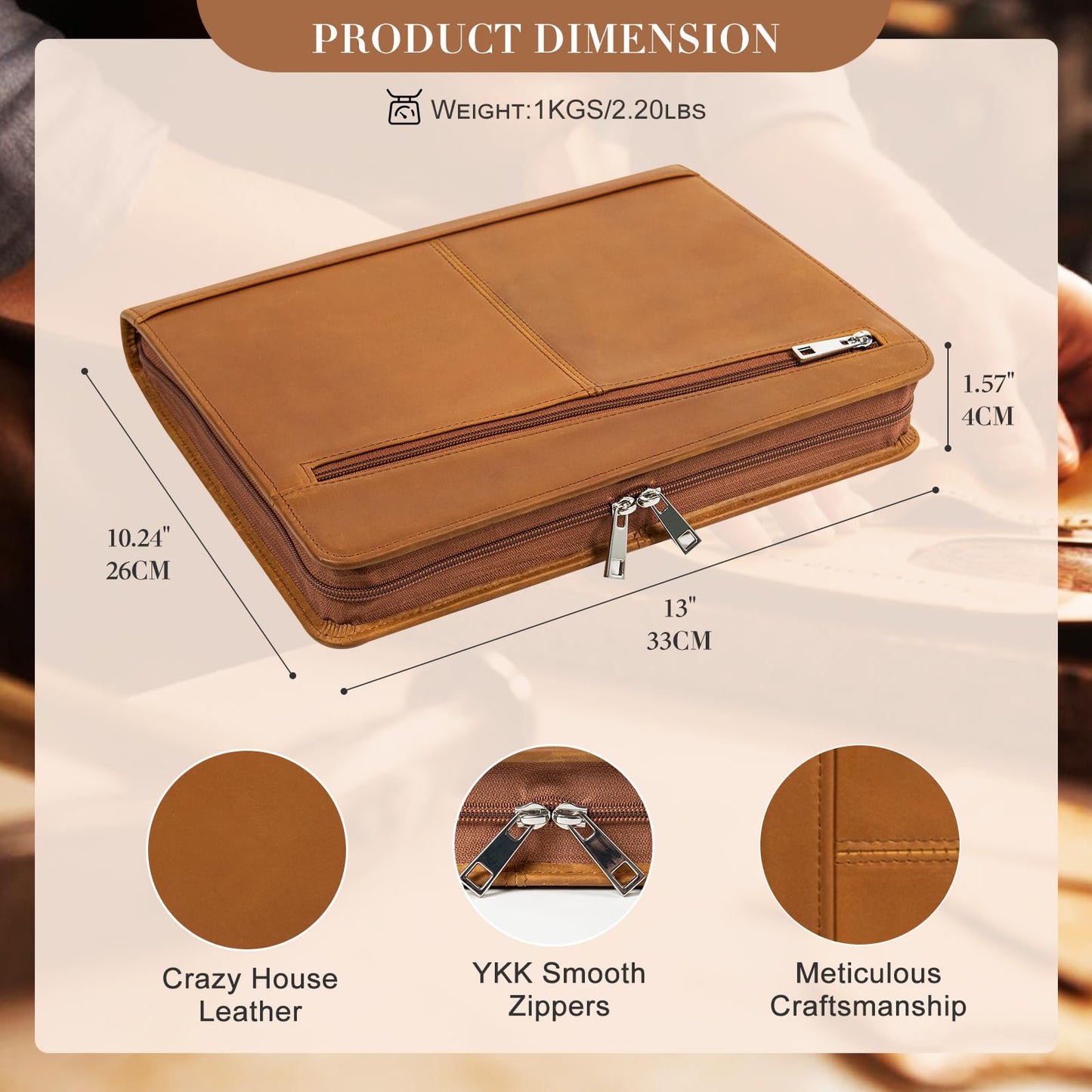 Calfinder Konferenzmappe A4 Leder, A4 Dokumentenmappe mit Klemmbrett, Ledermappe,Business Organizer/Arbeitsmappe mit Reißverschluss, Tablet-Tasche für iPad Pro 12.9 (2018/2020/2021), Braun