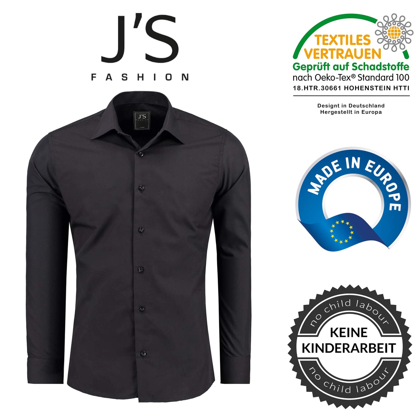 J'S FASHION Herren-Hemd - Slim-Fit - Langarm-Hemd Freizeithemd - Pflegeleicht Bügelleicht - 1-Schwarz L