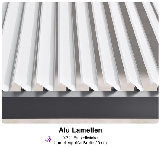 PURPLE LEAF Pergola 3.45 x 6.23 m Wasserdicht Stabil Winterfest Alu Pergola mit Lamellendach Terrassenüberdachung mit Verstellbaren Alu-Lamellen für Carport, Grauer Rahmen und Weißes Dach