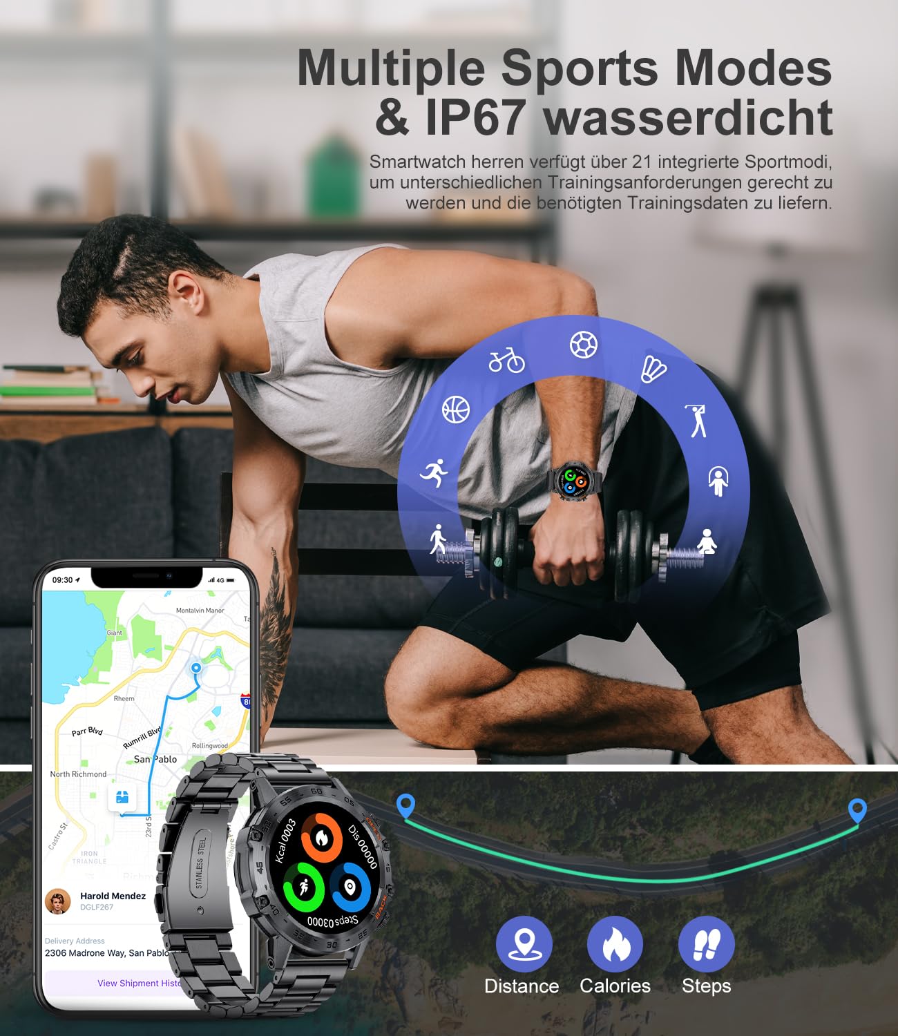 LIGE Smartwatch Herren mit Metallband, 1,39 Zoll Militär Smart Watch mit Herzfrequenz, Blutdruck, Schlafüberwachung für Android iOS, 100+ Sportmodi Fitnessuhr, IP67 Wasserdicht, Bluetooth Anrufe
