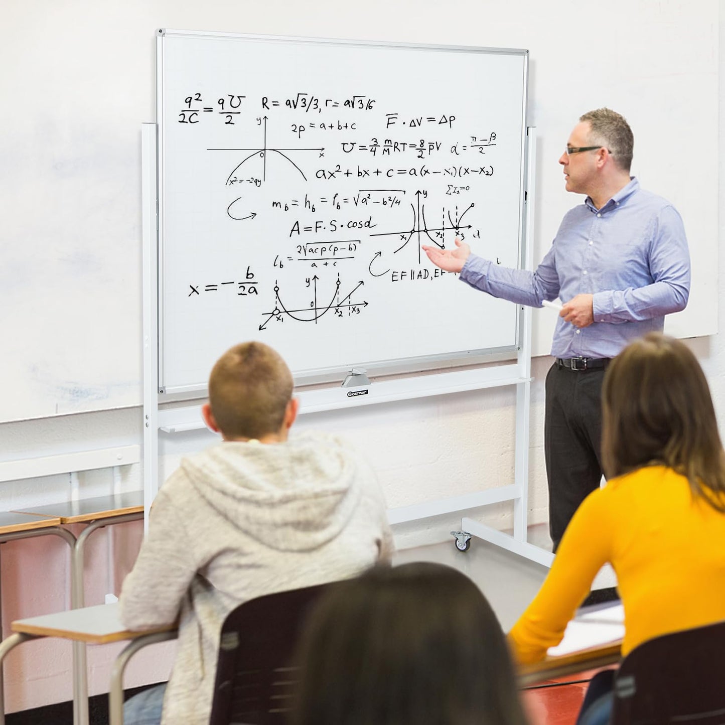 COSTWAY Doppelseitiges mobiles Whiteboard, 120 x 90 cm, Trocken abwischbares magnetisches Whiteboard mit Gittermuster, Rollen, Ständer und Stiftablage, inkl. Zubehör für Büro, Zuhause (Weiß)